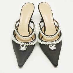 Pre Owned Mach & Mach Black Satin Bow Crystal Embellished Slide Sandals Size 40