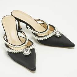 Pre Owned Mach & Mach Black Satin Bow Crystal Embellished Slide Sandals Size 40