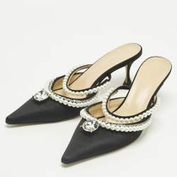 Pre Owned Mach & Mach Black Satin Bow Crystal Embellished Slide Sandals Size 40