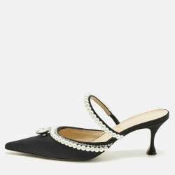 Pre Owned Mach & Mach Black Satin Bow Crystal Embellished Slide Sandals Size 40