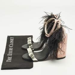 Pre Owned صندل ماخ أند ماخ جلد وريش مزين بحزام الكاحل وكعب عريض مقاس 38