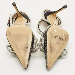 Pre Owned Mach & Mach Double Bow Size 38 Black Lace Crystal Embellished Ankle Wrap Pumps