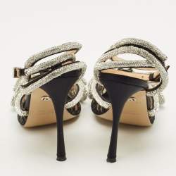 Pre Owned Mach & Mach Double Bow Size 38 Black Lace Crystal Embellished Ankle Wrap Pumps