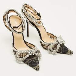 Pre Owned Mach & Mach Double Bow Size 38 Black Lace Crystal Embellished Ankle Wrap Pumps