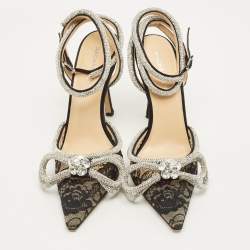 Pre Owned Mach & Mach Double Bow Size 38 Black Lace Crystal Embellished Ankle Wrap Pumps