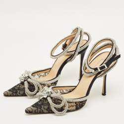 Pre Owned Mach & Mach Double Bow Size 38 Black Lace Crystal Embellished Ankle Wrap Pumps