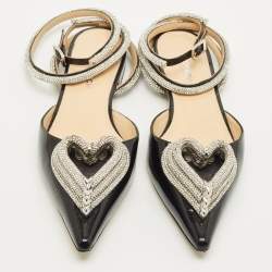 مملوكة مسبقًا Mach & Mach Triple Heart Size 37 Black Patent Leather Crystal Embellished Ankle Wrap Flats