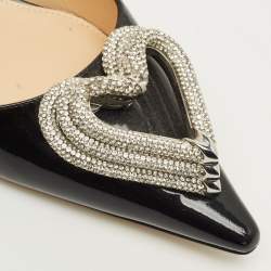 مملوكة مسبقًا Mach & Mach Triple Heart Size 37 Black Patent Leather Crystal Embellished Ankle Wrap Flats