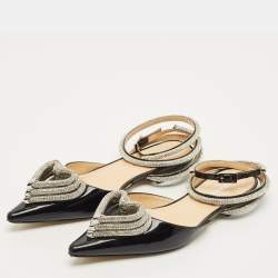 مملوكة مسبقًا Mach & Mach Triple Heart Size 37 Black Patent Leather Crystal Embellished Ankle Wrap Flats