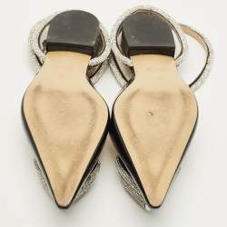 مملوكة مسبقًا Mach & Mach Triple Heart Size 37 Black Patent Leather Crystal Embellished Ankle Wrap Flats