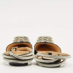 مملوكة مسبقًا Mach & Mach Triple Heart Size 37 Black Patent Leather Crystal Embellished Ankle Wrap Flats