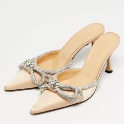 مملوكة مسبقًا Mach & Mach Double Bow Size 39 Beige Satin Crystal Embellished Mules