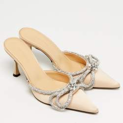 مملوكة مسبقًا Mach & Mach Double Bow Size 39 Beige Satin Crystal Embellished Mules