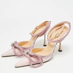مملوكة مسبقًا حذاء كعب عالي ماتش أند ماتش ساتان وردي فاتح / فضي مزدوج القوس مرصع كريستال مقاس 38.5