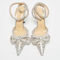 Pre Owned Mach & Mach Double Bow Size 37 Silver PVC Ankle Strap Pumps