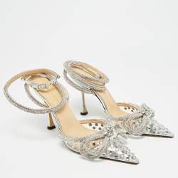 Pre Owned Mach & Mach Double Bow Size 37 Silver PVC Ankle Strap Pumps