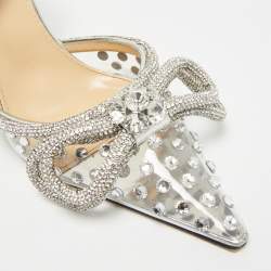 Pre Owned Mach & Mach Double Bow Size 37 Silver PVC Ankle Strap Pumps