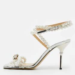 مملوكة مسبقًا Mach & Mach Size 39 Silver Leather Crystals Faux Pearls Embellished Ankle Wrap Sandals