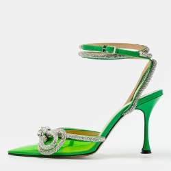 مملوكة مسبقًا Mach & Mach Double Bow Size 36 Green Patent Leather and PVC Crystal Embellished Pumps