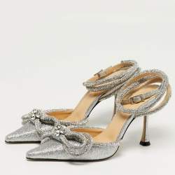 مملوكة مسبقًا Mach & Mach Double Bow Size 35.5 Silver Glitter Ankle Strap Pumps
