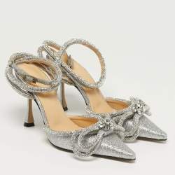 مملوكة مسبقًا Mach & Mach Double Bow Size 35.5 Silver Glitter Ankle Strap Pumps