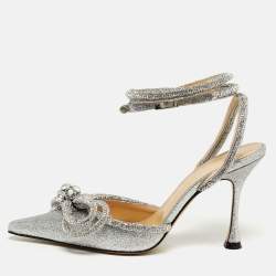 مملوكة مسبقًا Mach & Mach Double Bow Size 35.5 Silver Glitter Ankle Strap Pumps