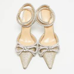 مملوكة مسبقًا Mach & Mach Double Bow Size 41 Metallic Gold Glitter Crystal Embellished Ankle Strap Pumps
