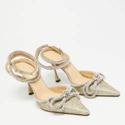 مملوكة مسبقًا Mach & Mach Double Bow Size 41 Metallic Gold Glitter Crystal Embellished Ankle Strap Pumps