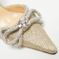 مملوكة مسبقًا Mach & Mach Double Bow Size 41 Metallic Gold Glitter Crystal Embellished Ankle Strap Pumps