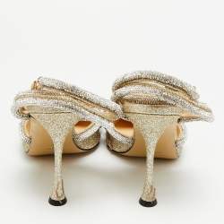 مملوكة مسبقًا Mach & Mach Double Bow Size 41 Metallic Gold Glitter Crystal Embellished Ankle Strap Pumps