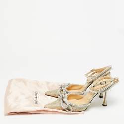 مملوكة مسبقًا Mach & Mach Double Bow Size 41 Metallic Gold Glitter Crystal Embellished Ankle Strap Pumps