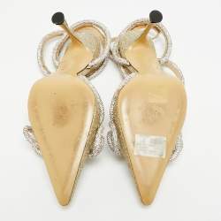 مملوكة مسبقًا Mach & Mach Double Bow Size 41 Metallic Gold Glitter Crystal Embellished Ankle Strap Pumps