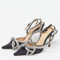 Pre Owned Mach & Mach Double Bow Size 39 Black Satin Crystal Embellished Ankle Strap Pumps