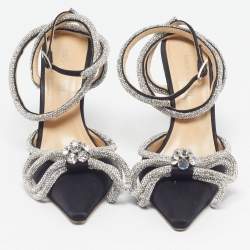 Pre Owned Mach & Mach Double Bow Size 39 Black Satin Crystal Embellished Ankle Strap Pumps