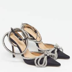 Pre Owned Mach & Mach Double Bow Size 39 Black Satin Crystal Embellished Ankle Strap Pumps