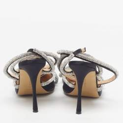 Pre Owned Mach & Mach Double Bow Size 39 Black Satin Crystal Embellished Ankle Strap Pumps