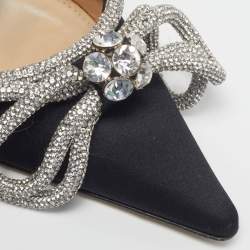 Pre Owned Mach & Mach Double Bow Size 39 Black Satin Crystal Embellished Ankle Strap Pumps