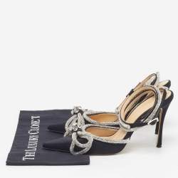 Pre Owned Mach & Mach Double Bow Size 39 Black Satin Crystal Embellished Ankle Strap Pumps