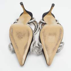 Pre Owned Mach & Mach Double Bow Size 39 Black Satin Crystal Embellished Ankle Strap Pumps