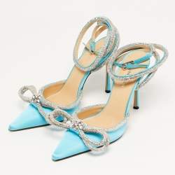 Pre Owned Mach & Mach Double Bow Size 38 Blue Satin Crystal Embellished Ankle Wrap Pumps
