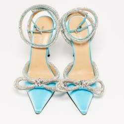 Pre Owned Mach & Mach Double Bow Size 38 Blue Satin Crystal Embellished Ankle Wrap Pumps