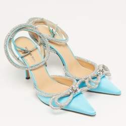 Pre Owned Mach & Mach Double Bow Size 38 Blue Satin Crystal Embellished Ankle Wrap Pumps