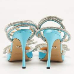 Pre Owned Mach & Mach Double Bow Size 38 Blue Satin Crystal Embellished Ankle Wrap Pumps