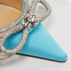 Pre Owned Mach & Mach Double Bow Size 38 Blue Satin Crystal Embellished Ankle Wrap Pumps