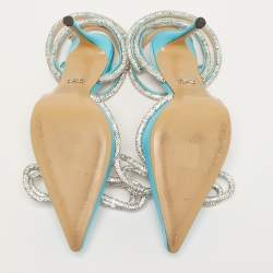 Pre Owned Mach & Mach Double Bow Size 38 Blue Satin Crystal Embellished Ankle Wrap Pumps