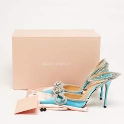 Pre Owned Mach & Mach Double Bow Size 38 Blue Satin Crystal Embellished Ankle Wrap Pumps