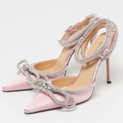 Pre Owned Mach & Mach Double Bow Size 38 Pink Satin Ankle Strap Pumps