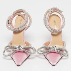 Pre Owned Mach & Mach Double Bow Size 38 Pink Satin Ankle Strap Pumps