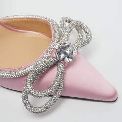 Pre Owned Mach & Mach Double Bow Size 38 Pink Satin Ankle Strap Pumps