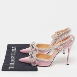 Pre Owned Mach & Mach Double Bow Size 38 Pink Satin Ankle Strap Pumps